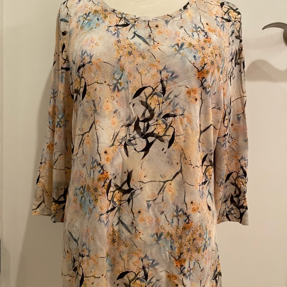 Basler Flower 3/4 Sleeve Round Beck Top- cream, salmon, black, turquoise 40 M
